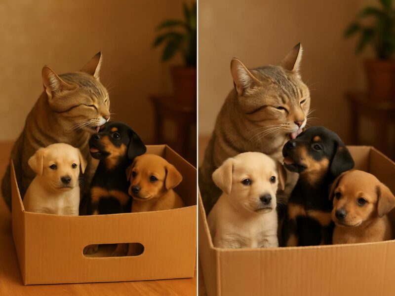 Feline Instinct: Cat “Adopts” Litter of Puppies After Their Mother Dies