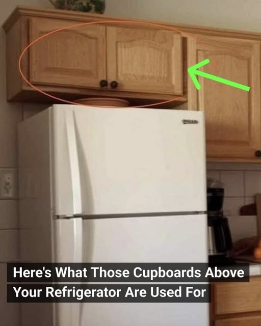 The cabinet above the fridge is a great way to make the most of the hidden space in your kitchen.